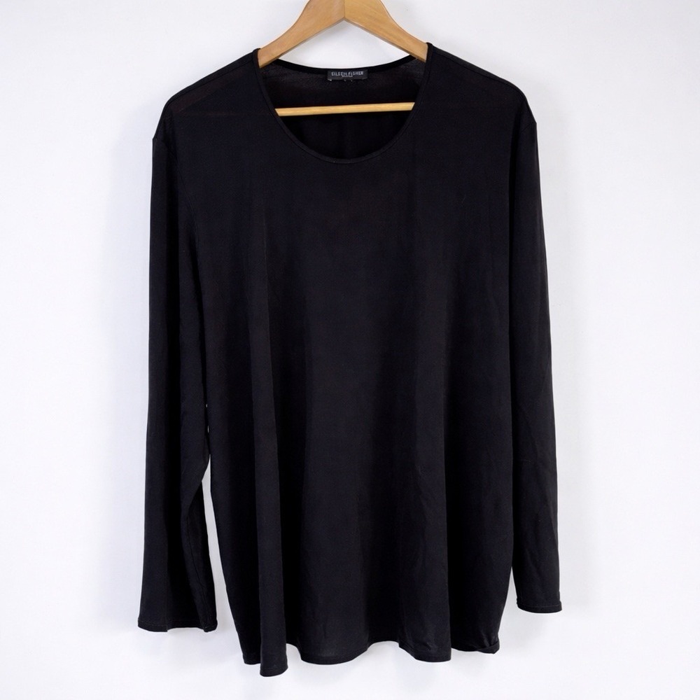 Eileen Fisher Silk Black Long Sleeve Minimalist Blouse Top Size M Women